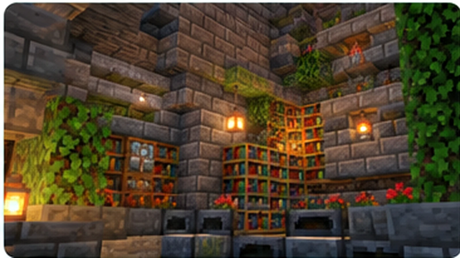 Detailed Minecraft library interior representing Quark Mod building and utility features